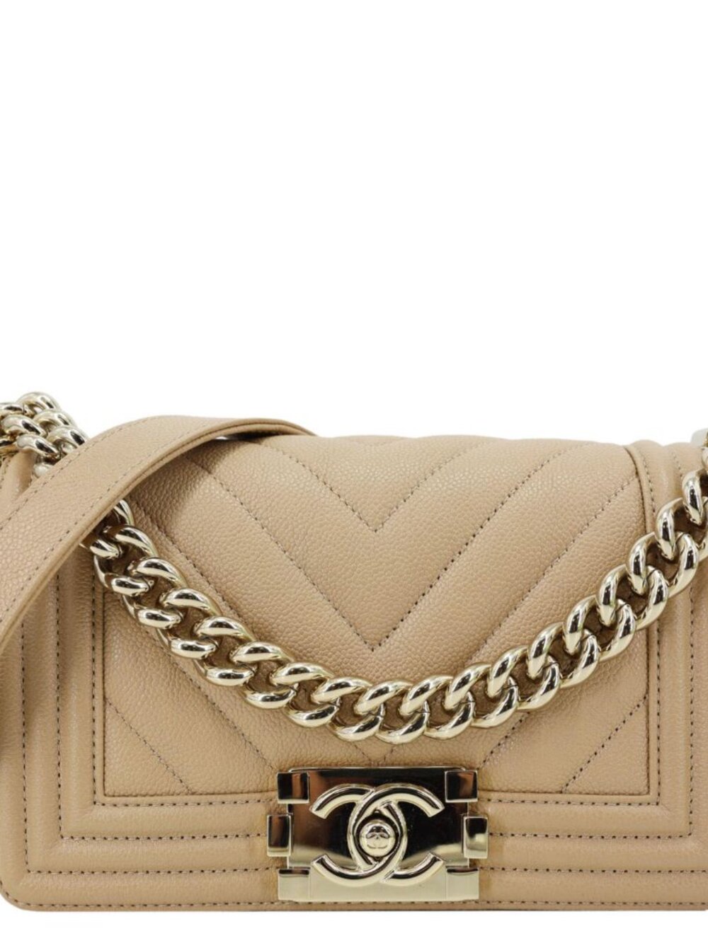 Chanel Boy Flap Small Chevron Leather Shoulder Bag Beige